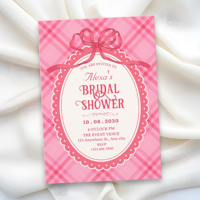 Invitation Douce soirée de mariage à ruban rose à carreaux (Créateur téléchargé)
