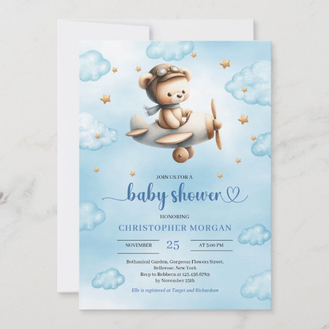 Invitation Douce thème ours avion en or garçon baby shower  (Devant)