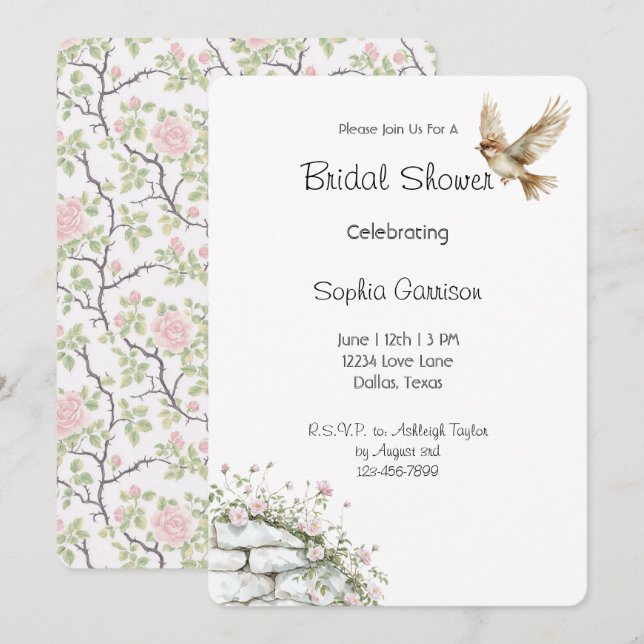 Invitation Douce Touche Rose Floral Oiseau Mariage (Devant / Derrière)
