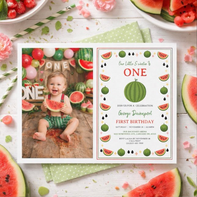 Invitation Douce Unique dans une fête du 1er anniversaire Mel (Sweet One in a Melon Watermelon 1st Birthday Party Invitation
)