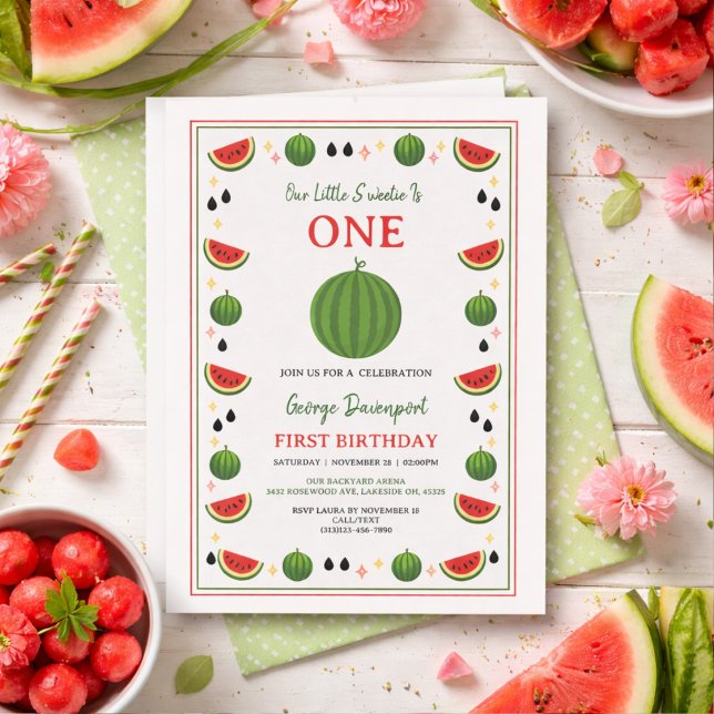 Invitation Douce Unique dans une fête du 1er anniversaire Mel (Sweet One in a Melon Watermelon 1st Birthday Party Invitation
)