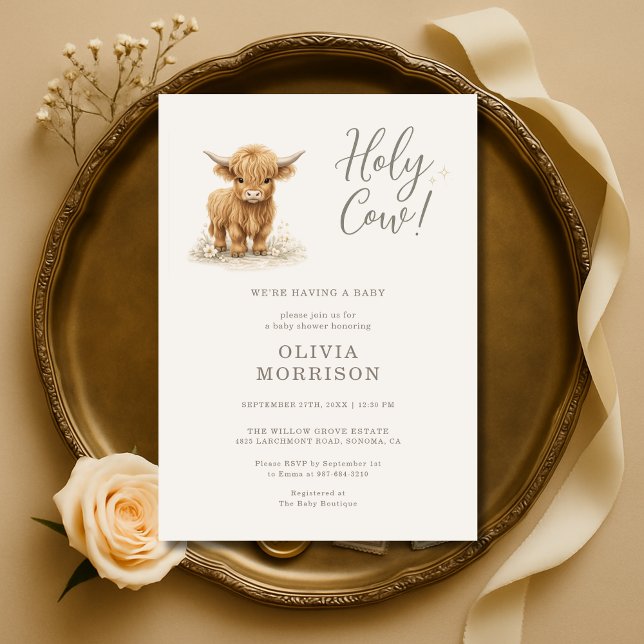 Invitation Douce Vache Baby Shower Highland Cow (Créateur téléchargé)