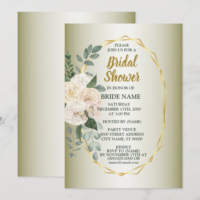 Invitation Douce verdure Fleurs roses Géométrique doré Baby S (Devant / Derrière)