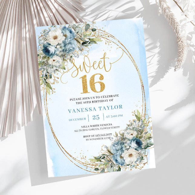 Invitation Douce verdure poussiéreuse bleue rêveuse pour un 1 (Dreamy Dusty Blue Greenery Sweet 16th Birthday Invite)