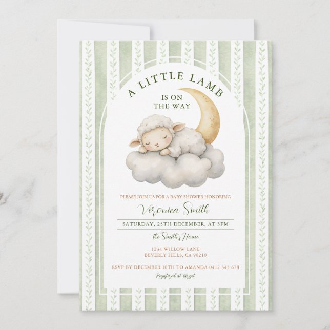 Invitation Douce Verte Mignonne Un peu de fête de bébé agneau (Devant)