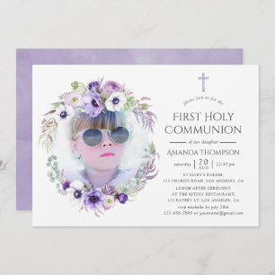 Invitation Douce Violet Floral Première Sainte Communion