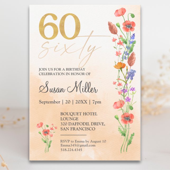Invitation Douce Wildflower 60e Anniversaire Pour Elle - 60 A (Créateur téléchargé)