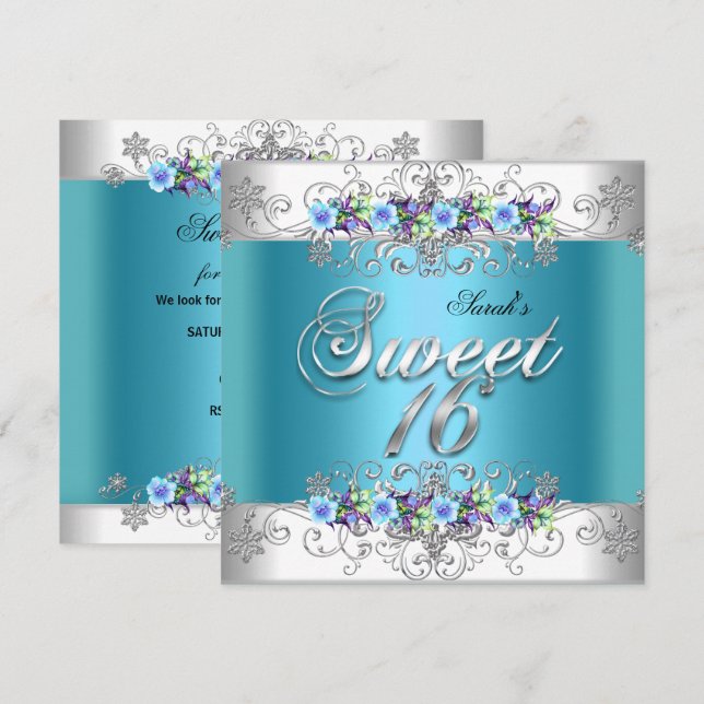 Invitation Douces 16 Fleurs blanches bleues violettes Sweet S (Devant / Derrière)
