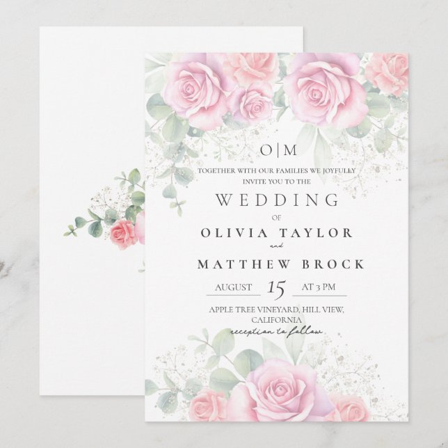Invitation Douces et Élégantes Roses Roses Fleurs Mariage (Devant / Derrière)