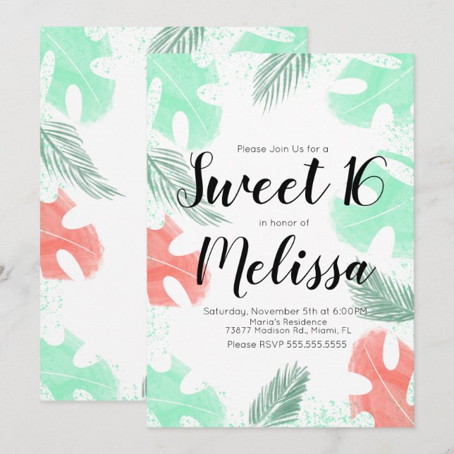 Invitation Douces feuilles de Monstera Corail Menthe aquarell (Devant / Derrière)
