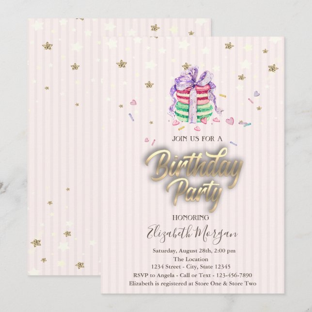 Invitation Douces Macarons Bébé Étoiles Fête d'anniversaire (Devant / Derrière)