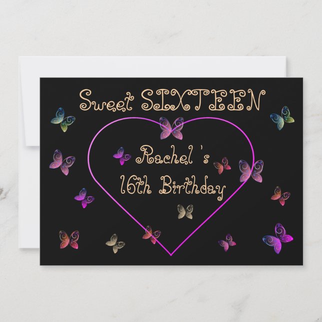 Invitation Douces Papillons Cœur Rose Sweet 16 Anniversaire  (Devant)
