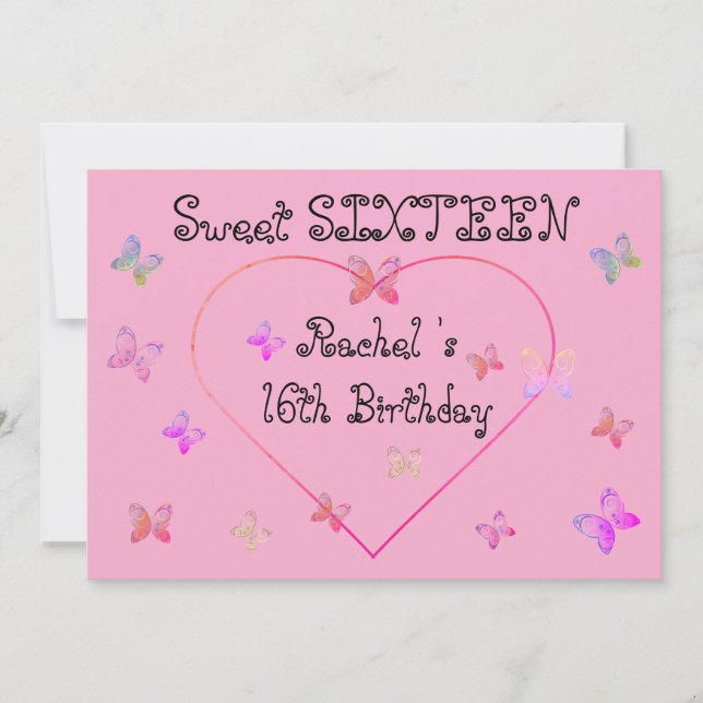 Invitation Douces Papillons Cœur Rose Sweet 16 Anniversaire (Devant)