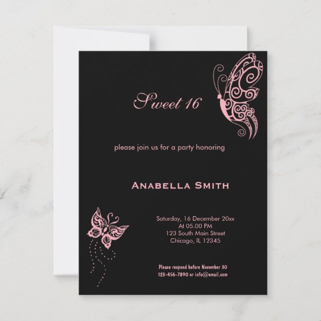 Invitation Douces Papillons Rose Clair 16 (Devant)