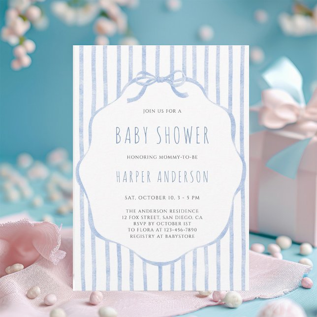 Invitation Douces Rayures Bleues avec Garçon pour Baby Shower (Créateur téléchargé)