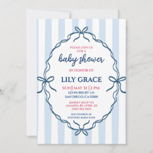 Invitation Douces Rayures Bleues & Rubans Nœuds Bébé Fait Dod