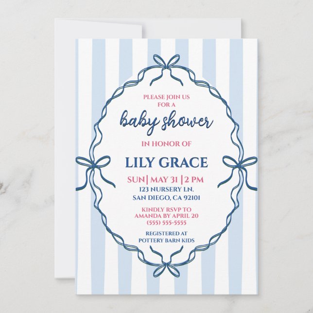 Invitation Douces Rayures Bleues & Rubans Nœuds Bébé Fait Dod (Devant)