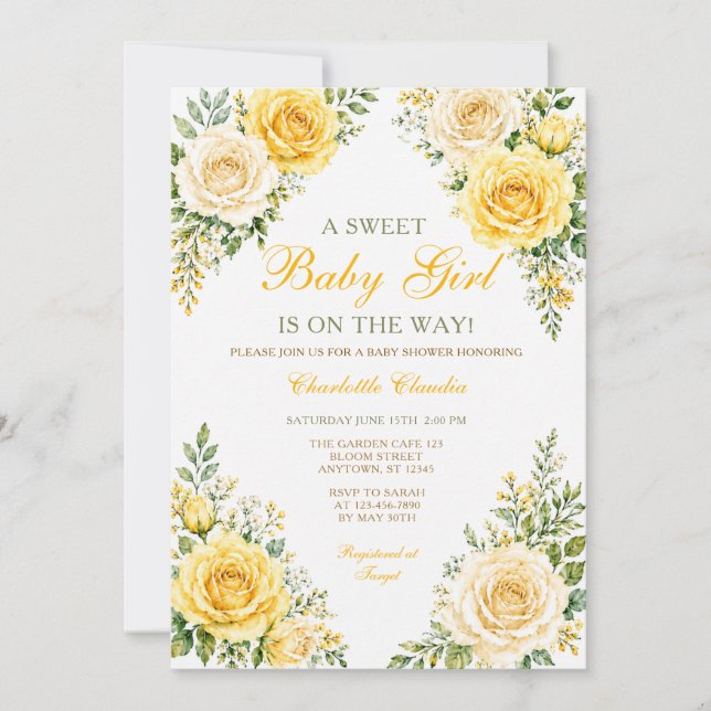 Invitation Douces Roses Jaunes Bébé Fille Été Shower (Devant)