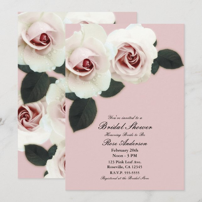 Invitation Douces Roses Rose Pâle Élégant Shower de Mariée (Devant / Derrière)