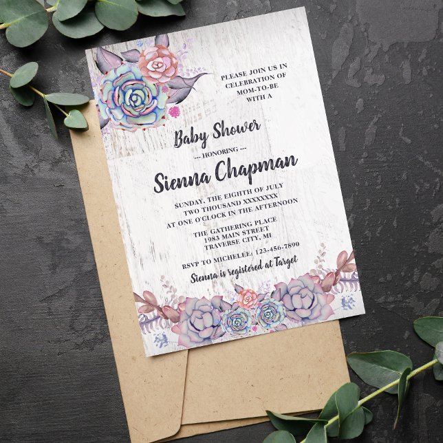 Invitation Douces Succulentes Aquarelle Rustique Baby Shower (Créateur téléchargé)