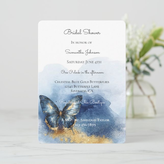 Invitation Douceur Céleste Papillon Bleu Or Mariage   (Debout devant)