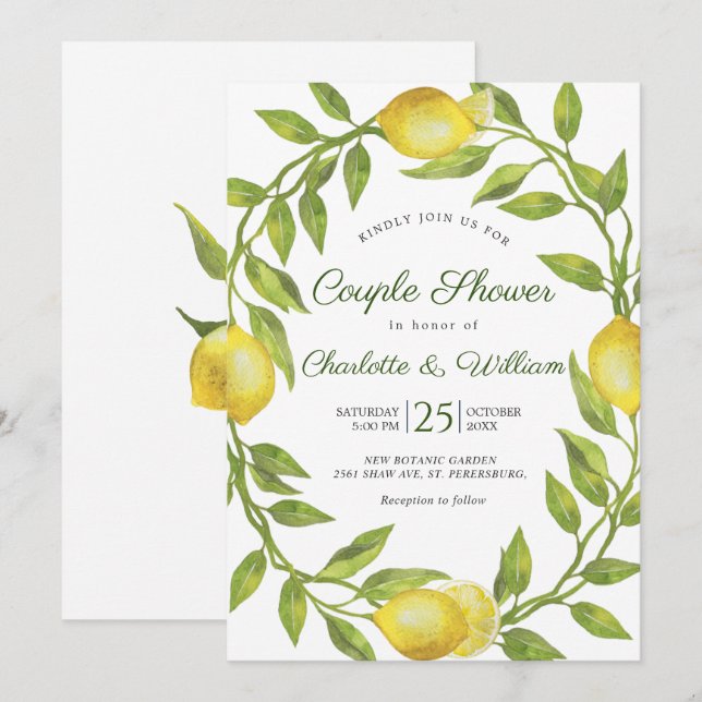 Invitation Douceur de Citrons Fleurs Vertes Aquarelle Couple  (Devant / Derrière)
