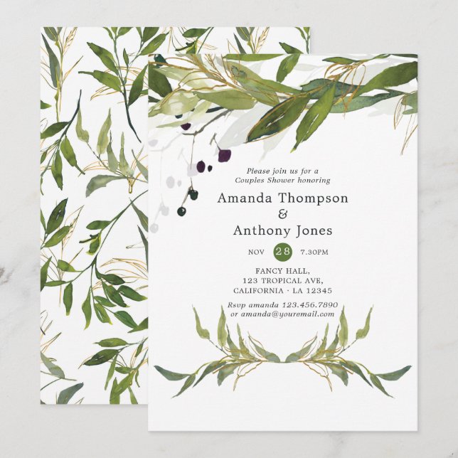 Invitation Douceur de feuillage à l'aquarelle pour la douche  (Devant / Derrière)