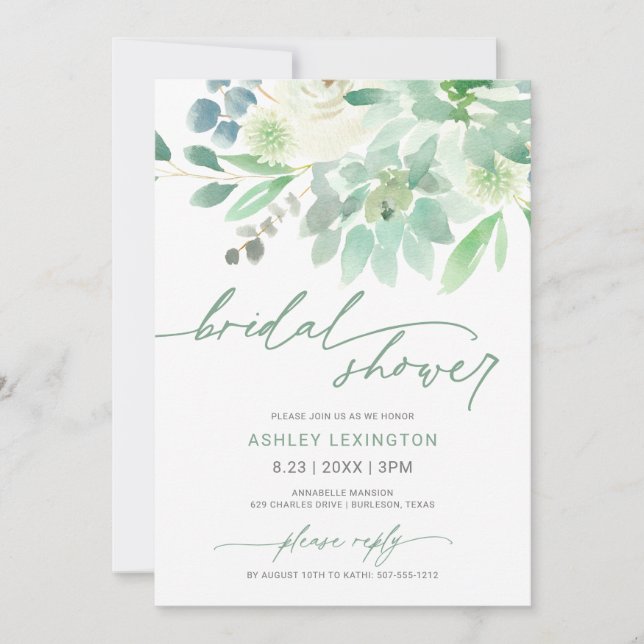 Invitation Douceur de mariage aquarelle Succulente verdure (Devant)