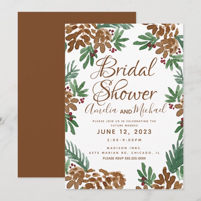 Invitation Douceur de pins marrons aquarelle Shower de mariag (Devant / Derrière)