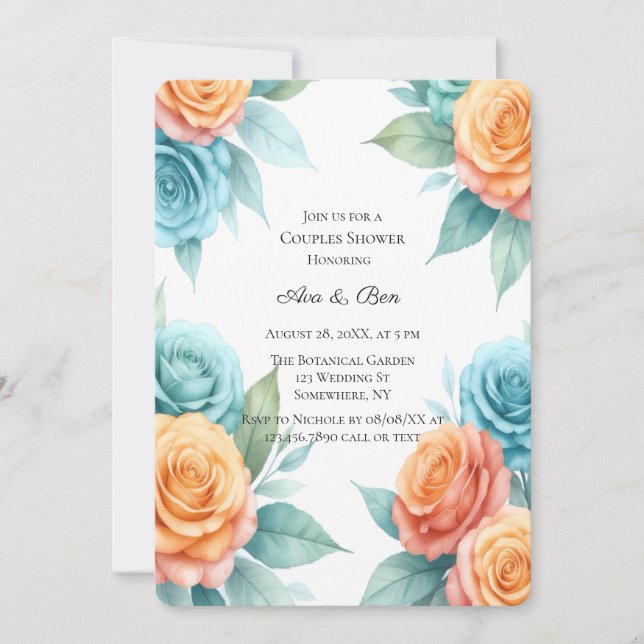 Invitation Douceur de roses orange et sarcelle pour la douche (Devant)