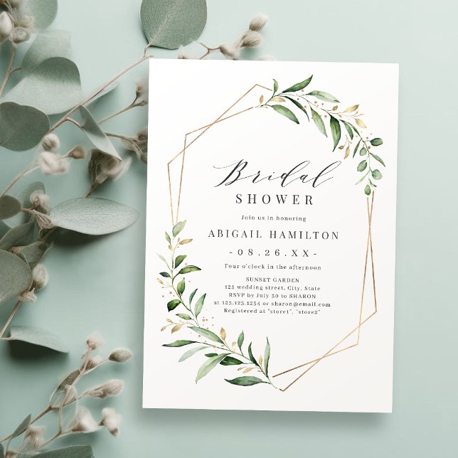 Invitation Douceur dorée géométrique douche de mariée rustiqu (Greenery Gold Geometric Rustic Bridal Shower Invitation)