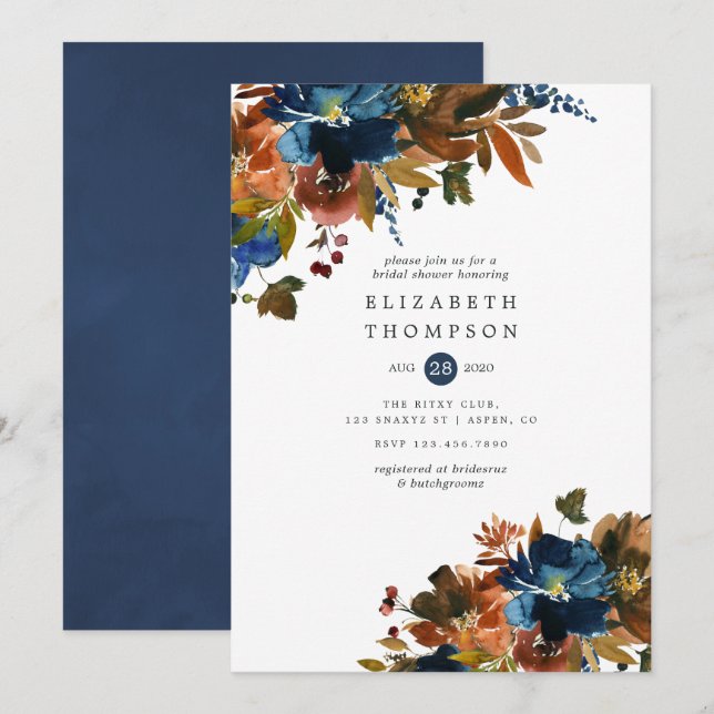 Invitation Douceur et marine florale pour un Shower de mariag (Devant / Derrière)