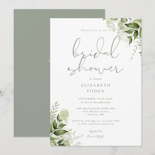 Invitation Douceur Florale Baby Shower Vert Sauge (Devant / Derrière)