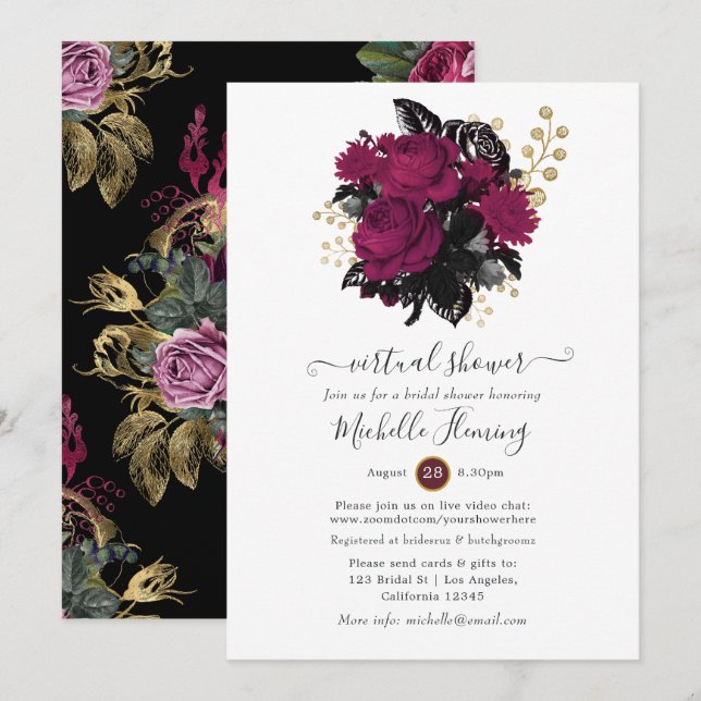 Invitation Douceur Florale Virtuelle Marsala et Or (Devant / Derrière)