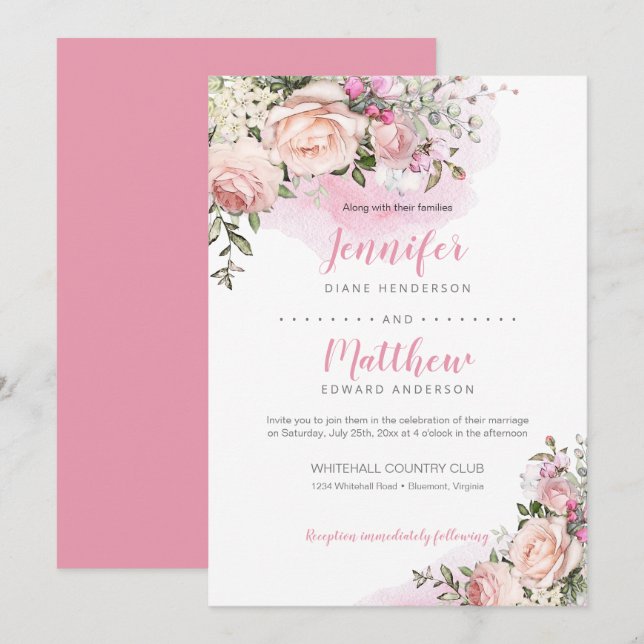 Invitation Douceur rose | Fond rose | Mariage (Devant / Derrière)