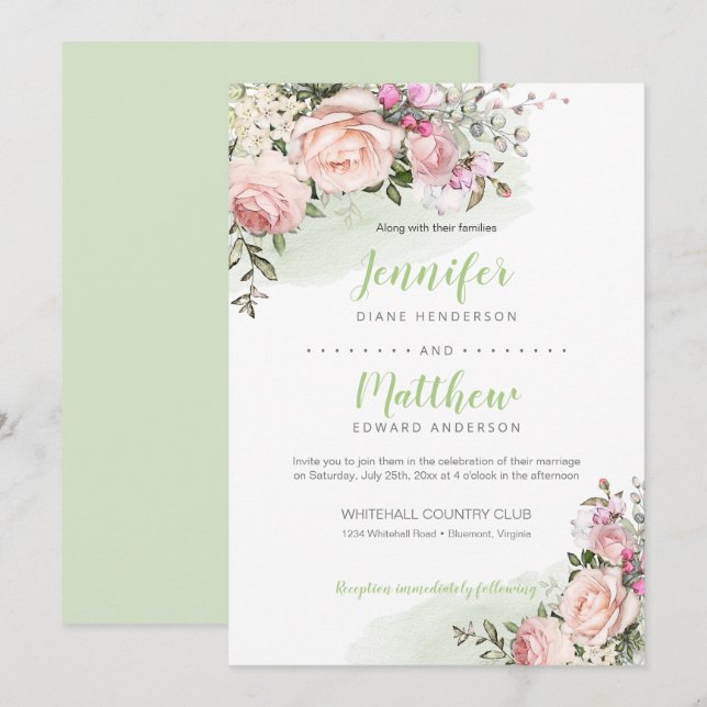 Invitation Douceur rose | Fond vert | Mariage (Devant / Derrière)