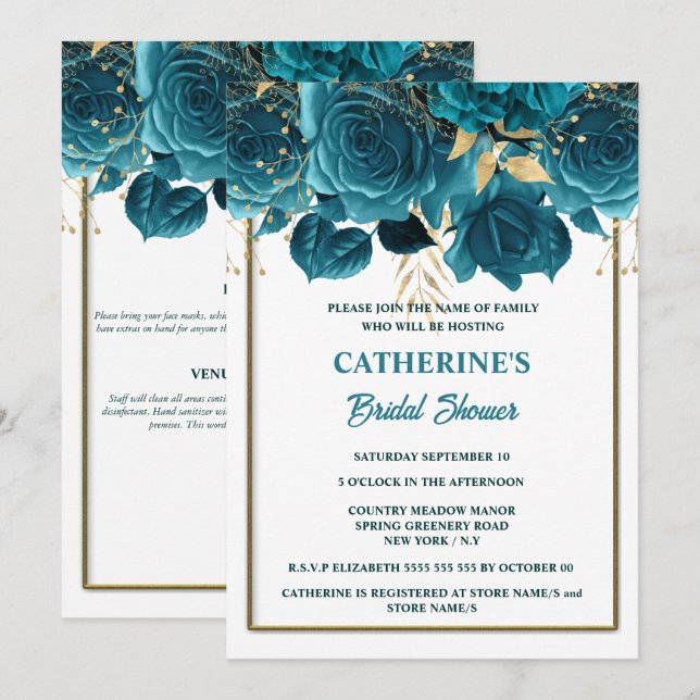 Invitation Douceur sarcelle or rose aquarelle enterrement de  (Devant / Derrière)
