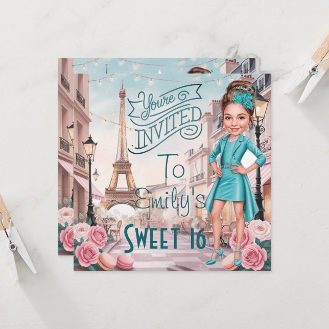 Invitation Douceur Turquoise personnalisée 16 à Paris (Devant/Arrière en situation)
