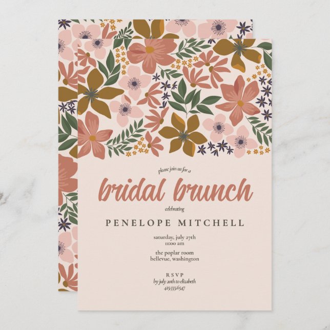 Invitation Douche à brunch nuptiale florale (Devant / Derrière)