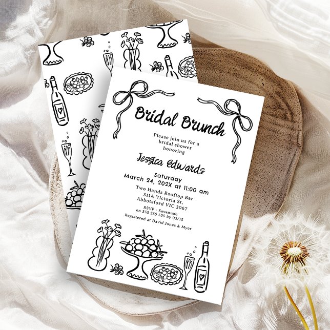 Invitation Douche à brunch pour mariée à main noire en gros (Whimsical Black Bridal Brunch Bridal Shower Invitation, Pattern Back, Doodle, Food Drink Hand Drawn )