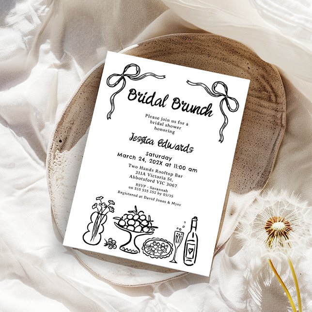 Invitation Douche à brunch pour mariée à main noire en gros (Whimsical Black Hand Drawn Bridal Brunch Bridal Shower Invitation, Bows Scribble Doodle Drawn)