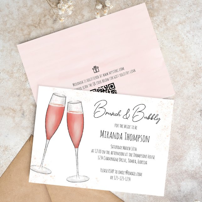 Invitation Douche à brunch rose QR Code Cadeau Registre (Brunch and bubbly bridal shower invitation )