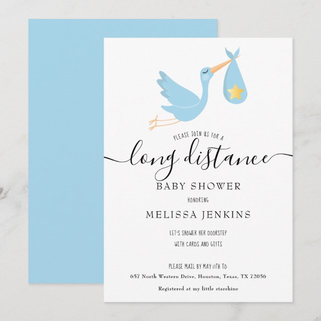 Invitation Douche à Distance Par Courrier Blue Stork Star (Devant / Derrière)