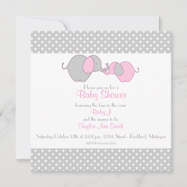 Invitation Douche à éléphant gris et rose (Devant)