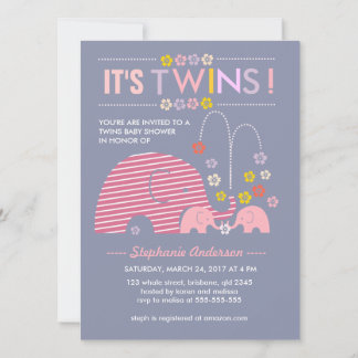 Invitation Douche à fleurs et éléphant pour bébés jumeaux per