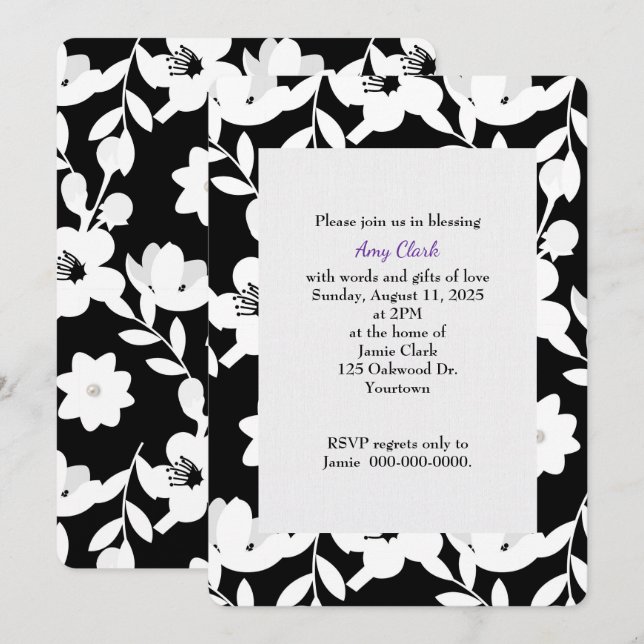 Invitation douche à motifs floraux noir et blanc (Devant / Derrière)