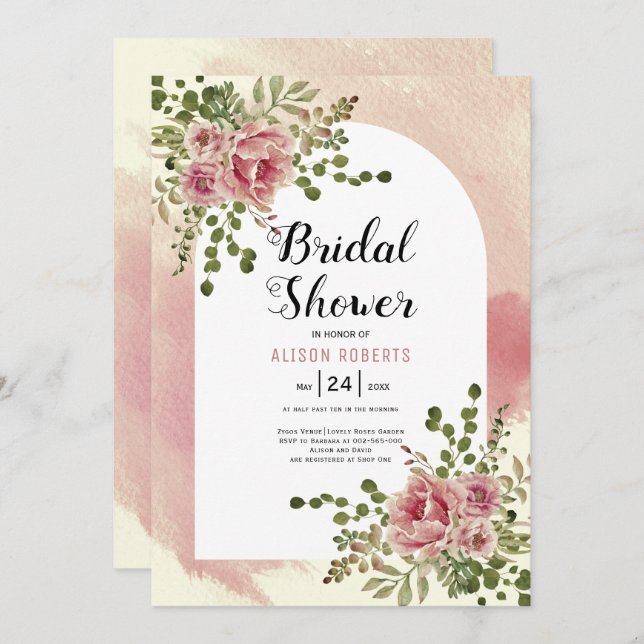 Invitation Douche à nage fleurie fleurie rose poussiéreuse (Devant / Derrière)