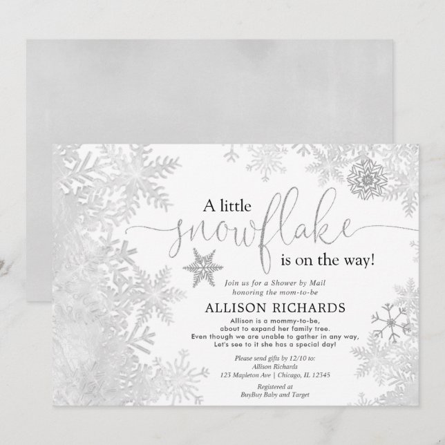 Invitation Douche à neige blanche en argent par baby shower p (Devant / Derrière)