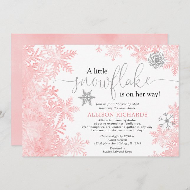 Invitation Douche à neige en argent rose par baby shower post (Devant / Derrière)