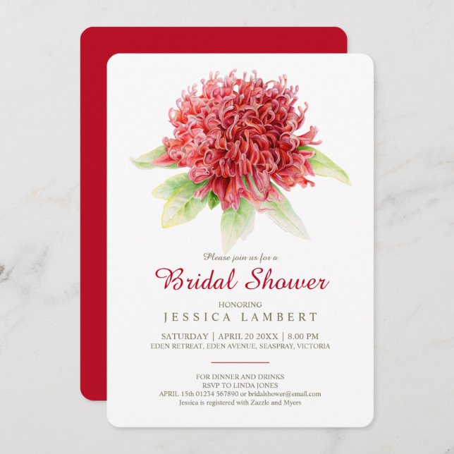 Invitation Douche à nuptiale fleurie de waratah bordeaux roug (Devant / Derrière)